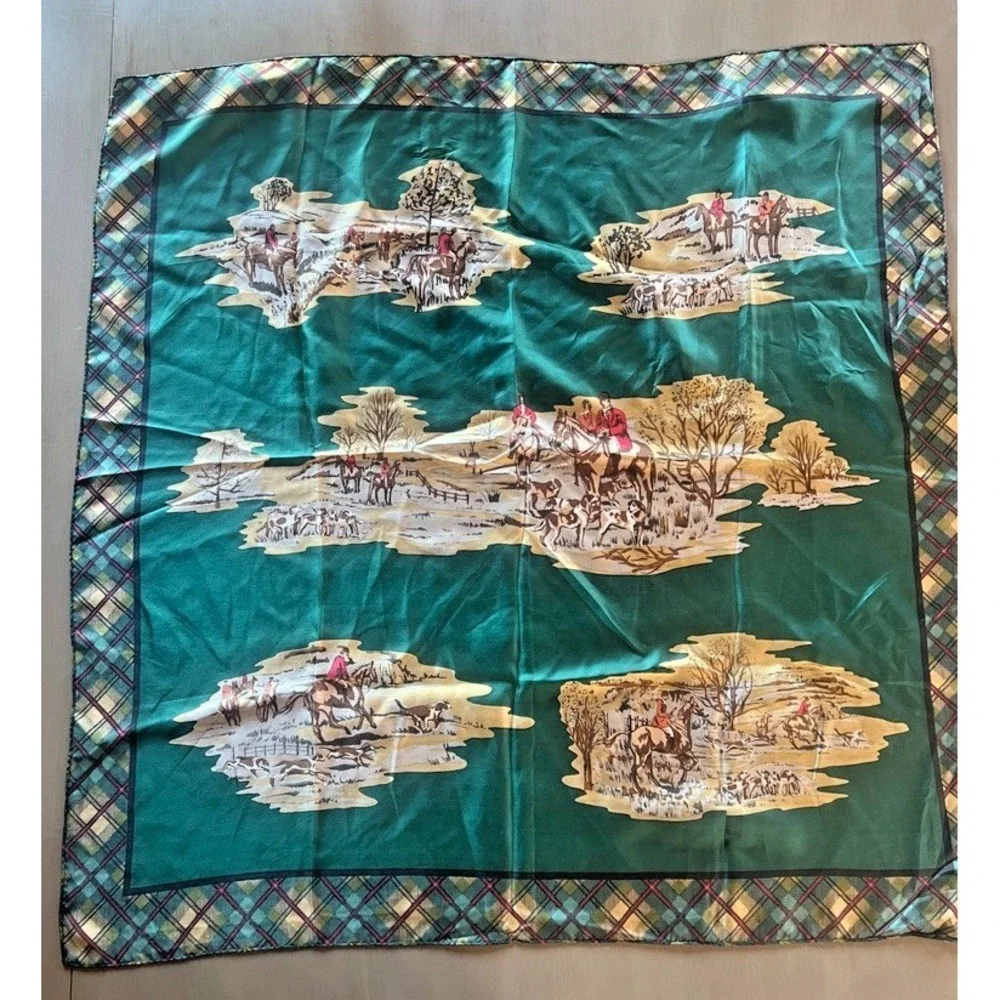 Vintage Equestrian Scarf Fox Hunt Plaid Satin Scarf‎ Green Preppy Classic Horse